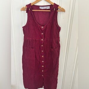 Vintage TwoTwenty S Burgundy Corduroy  Overall Jumper Dress Button Runs Large!